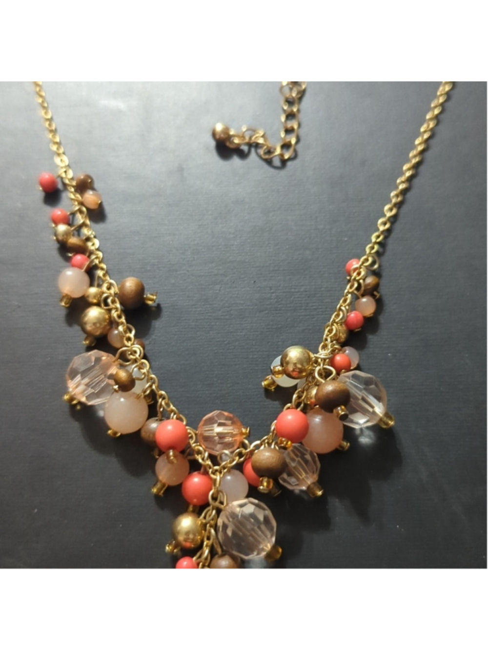 Vintage Avon Gold Tone Brown Peach Orange Y Shape Dangle Statement Necklace - Picture 3 of 5